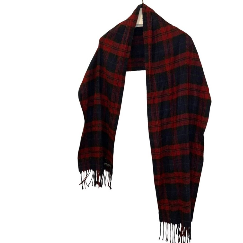 Vintage blue red cashmaire acrylic stewart plaid fringe trim scarf